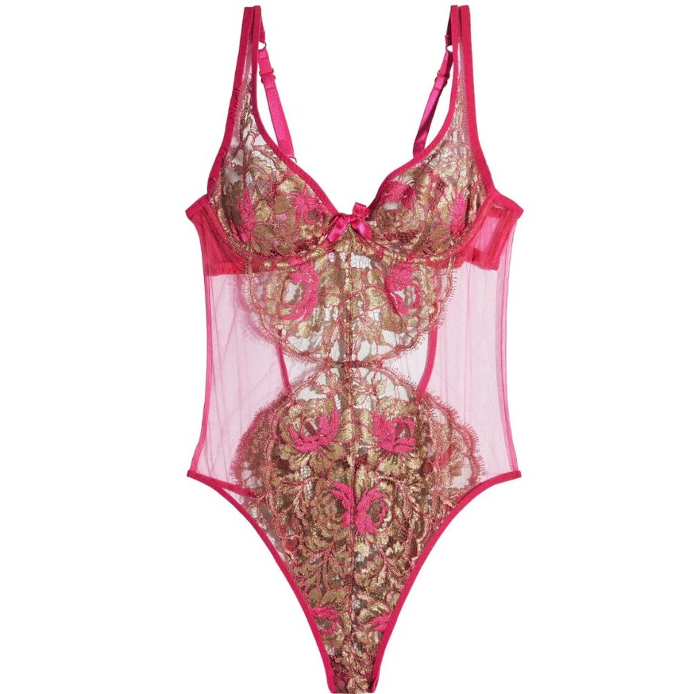 NWT!! Agent Provocateur Lysianne Mesh Lace Bodysuit, US8 (M), Fuchsia & Gold